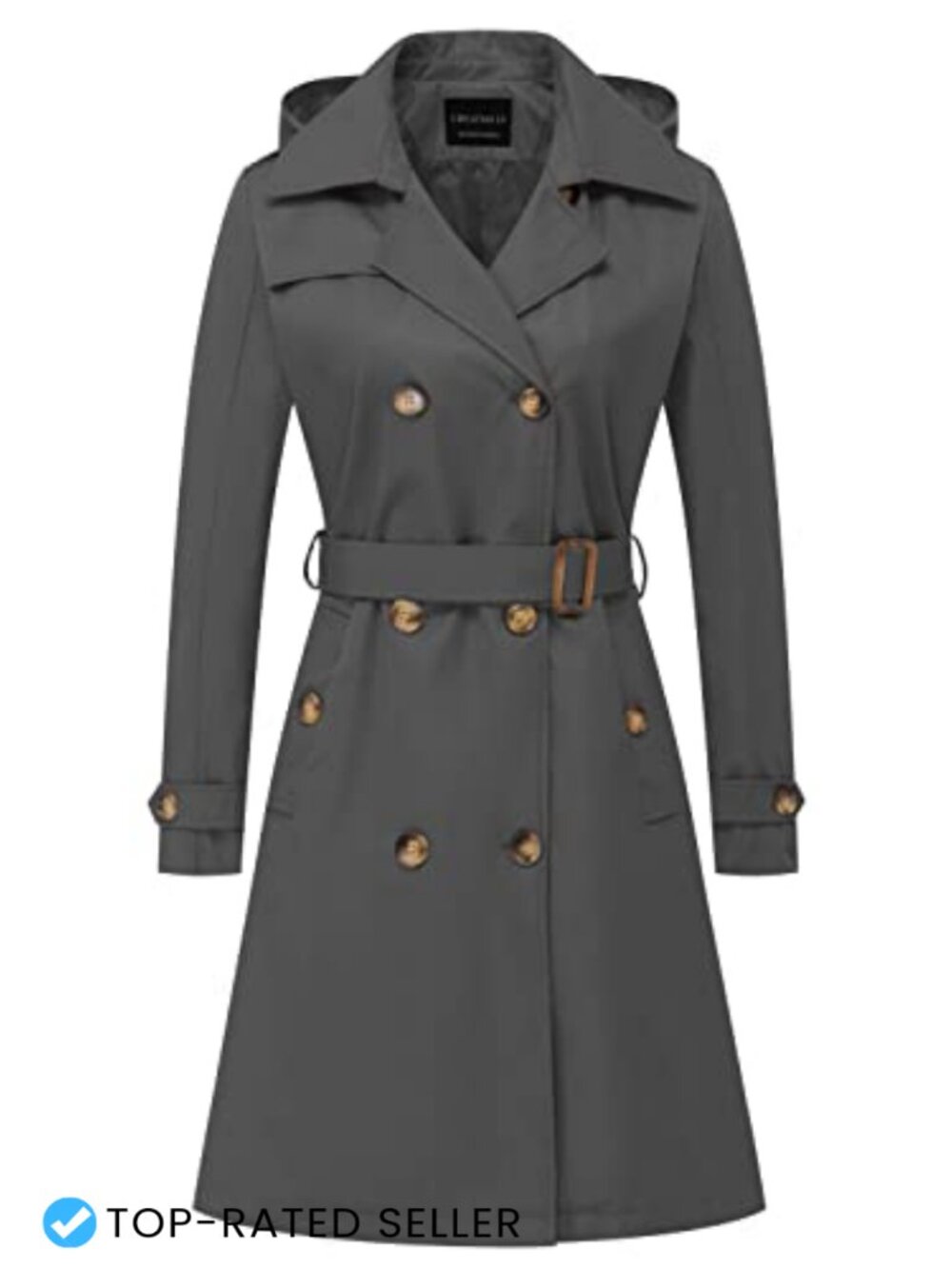 Women's Long Trench Coat Double-Breasted Belted Detachable Hood